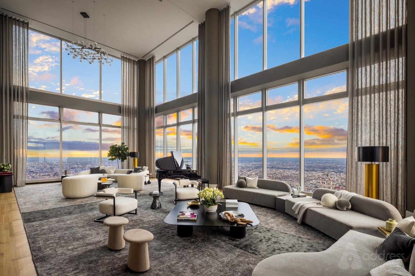 Luxury high-rise apartment interior with panoramic city view